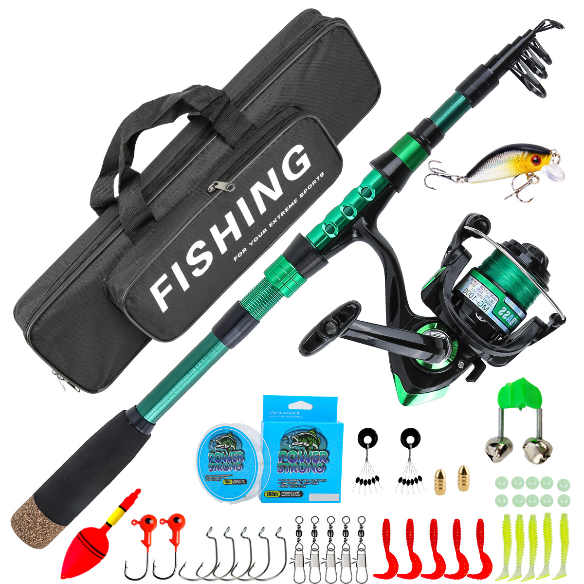Fishing Rod Carbon Fiber - 1.8-metrowy zielony teleskopowy zestaw wędkarski z